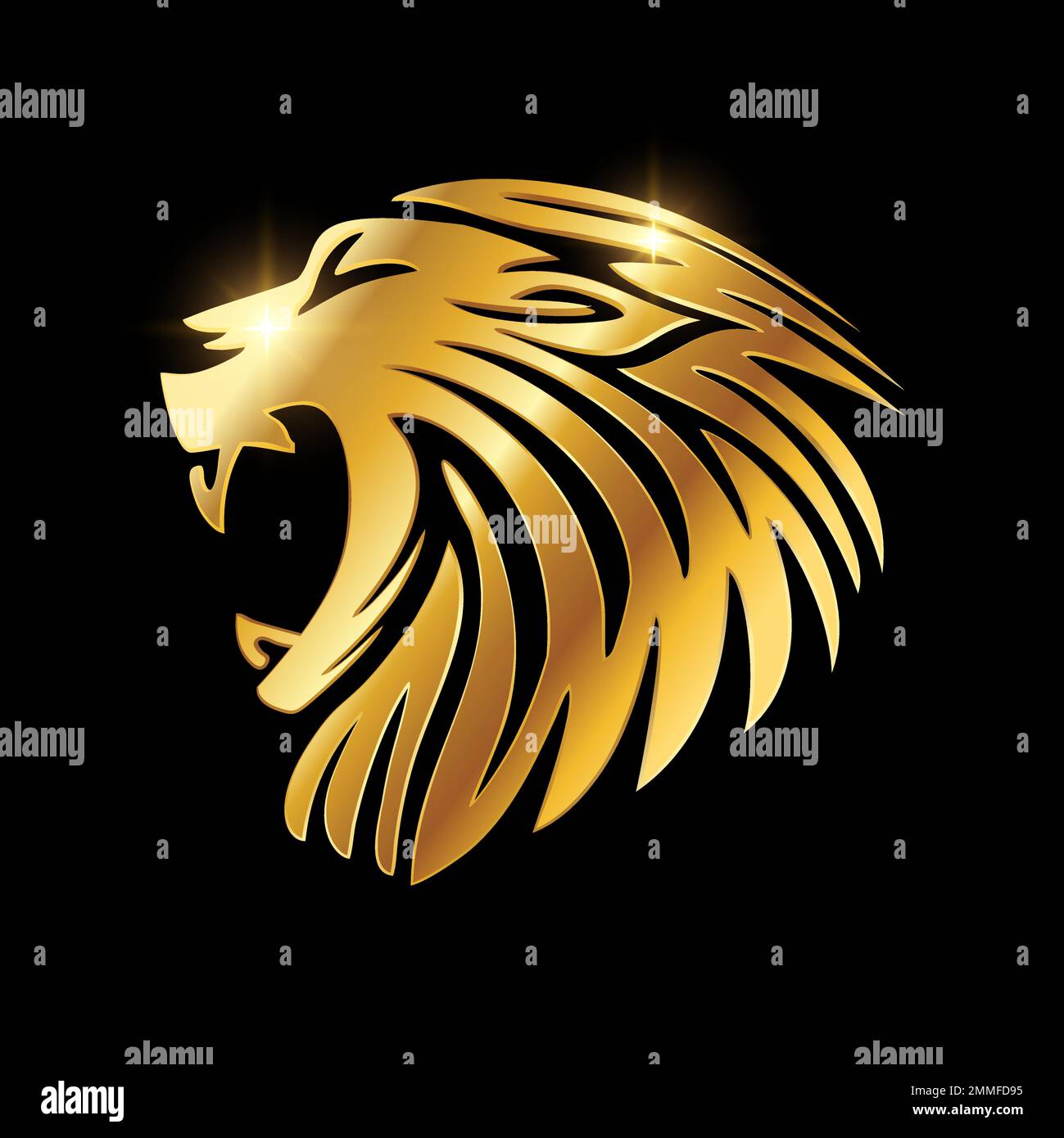 Eine Vektordarstellung des Golden Luxury Lion Vector Sign auf schwarzem Hintergrund mit goldenem Glanzeffekt Stock Vektor