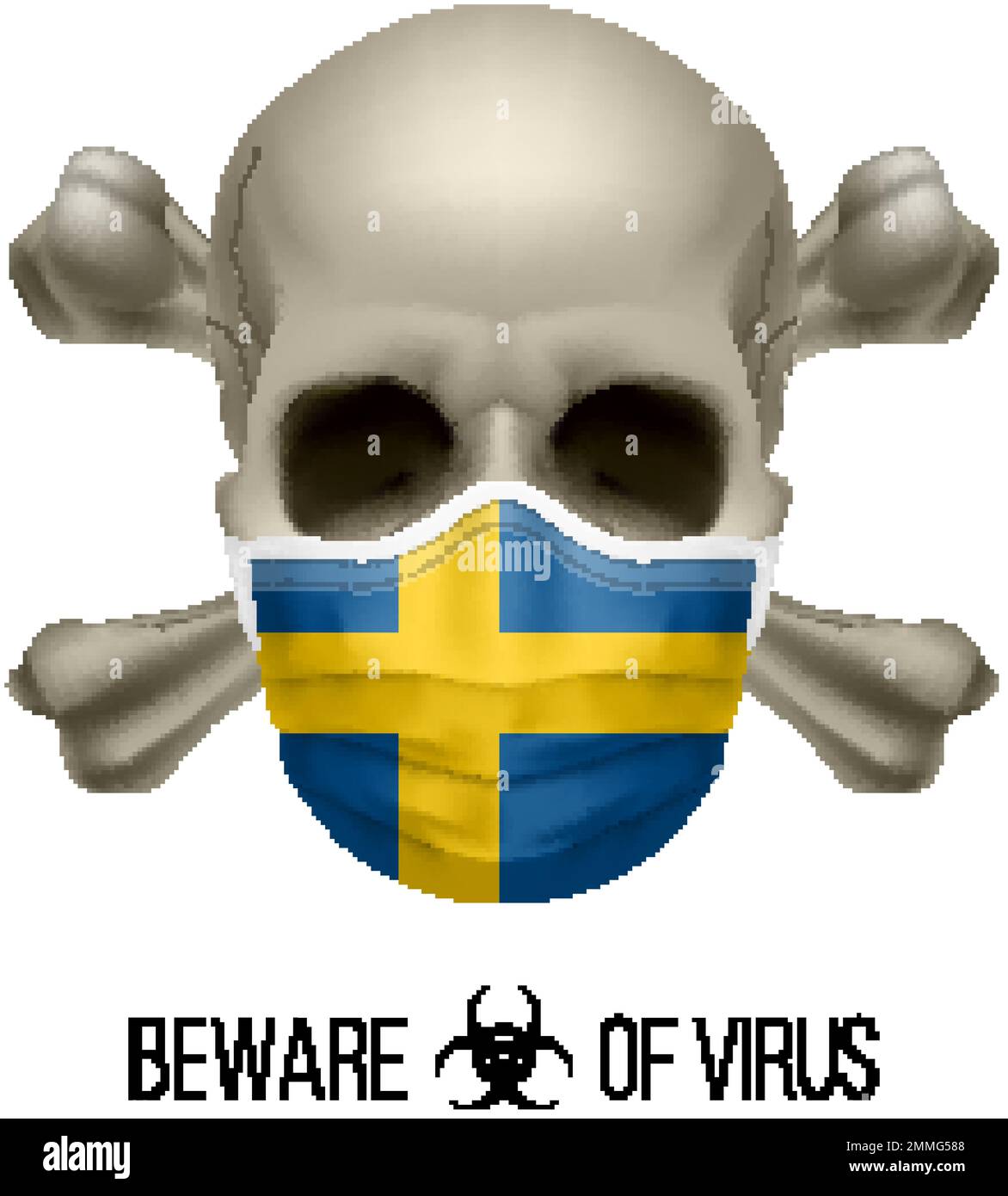 Menschlicher Schädel mit Kreuz und Operationsmaske in der Farbe der Nationalflagge Schweden. Maske in Form der schwedischen Flagge und des Schädels als Konzept der diren Warnung Stock Vektor