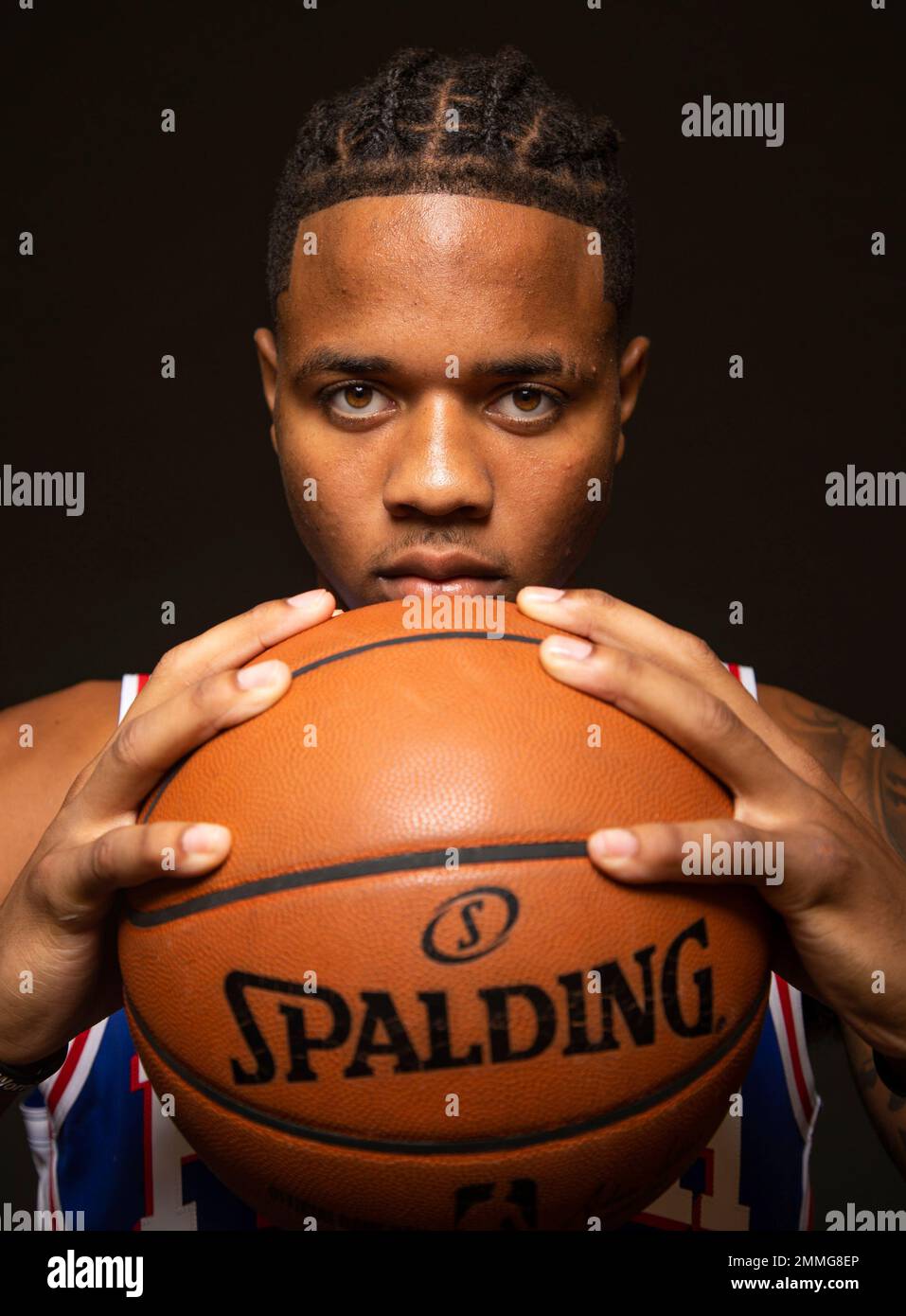 Philadelphia 76ers' Markelle Fultz poses for a photograph during media day at the NBA basketball team's practice facility, Friday, Sept. 21, 2018, in Camden. (AP Photo/Chris Szagola) Stockfoto