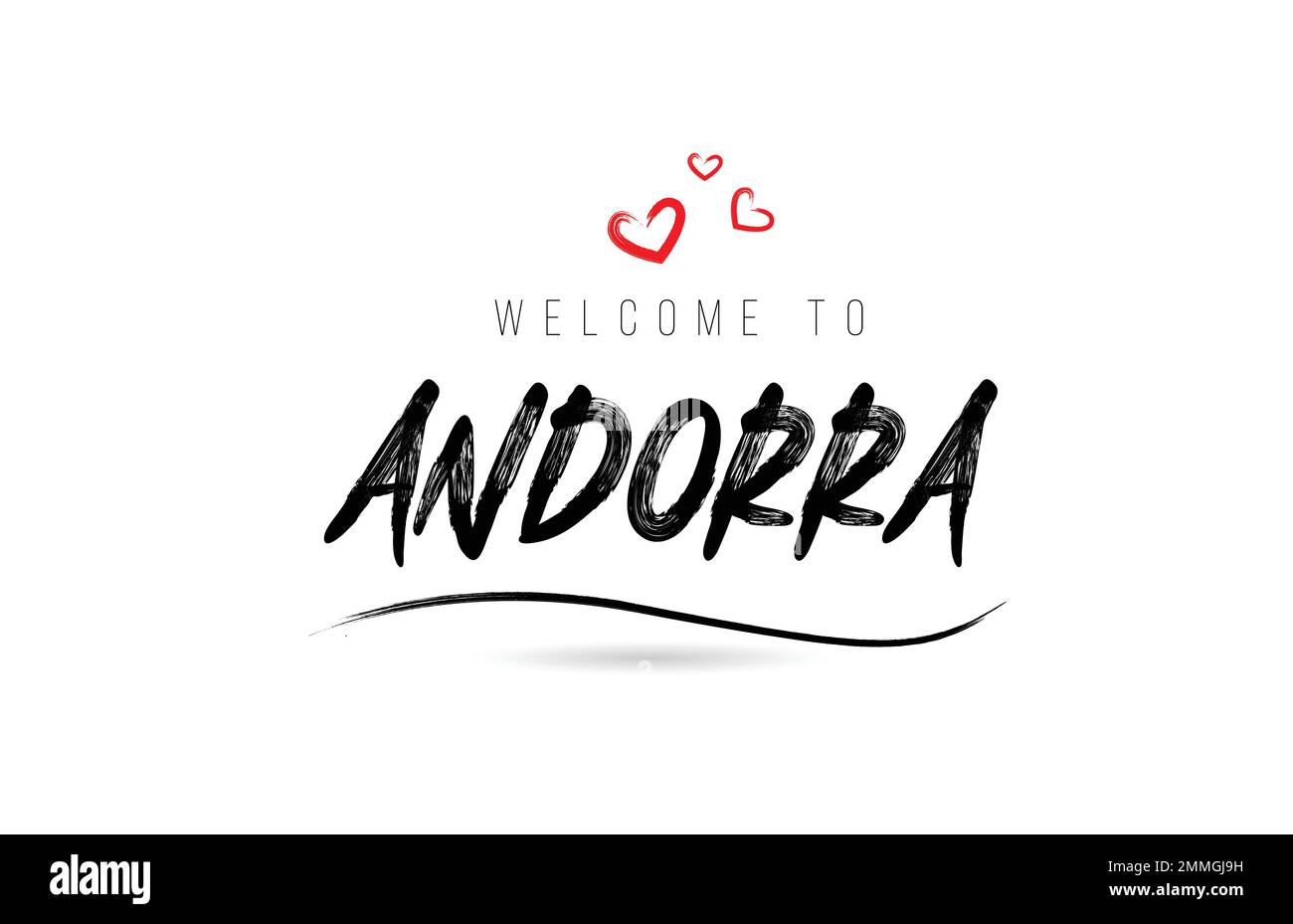 Willkommen in ANDORRA Country Text Typografie mit rotem Liebesherz und schwarzem Namen. Kreatives handgeschriebenes Vorlagenlogo für Wortsymbole Stock Vektor