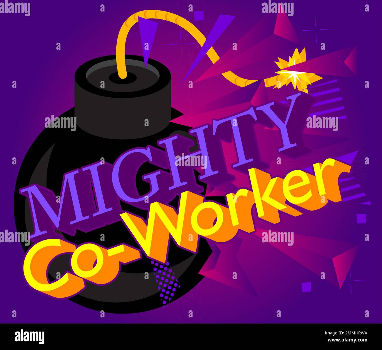 „Mighty Co-Worker“-Text mit schwarzer Bombe. Cartoon-Vektorbeleuchtung. Stock Vektor