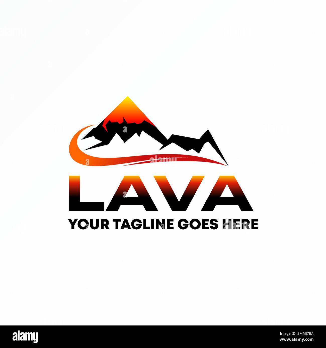 Berg oder Vulkan und Wellen mit Buchstaben oder Worten LAVA ohne serifenfarbene Schriftart Grafiksymbol Logo abstraktes Konzept Vektorstock Abenteuer oder Landschaft Stock Vektor