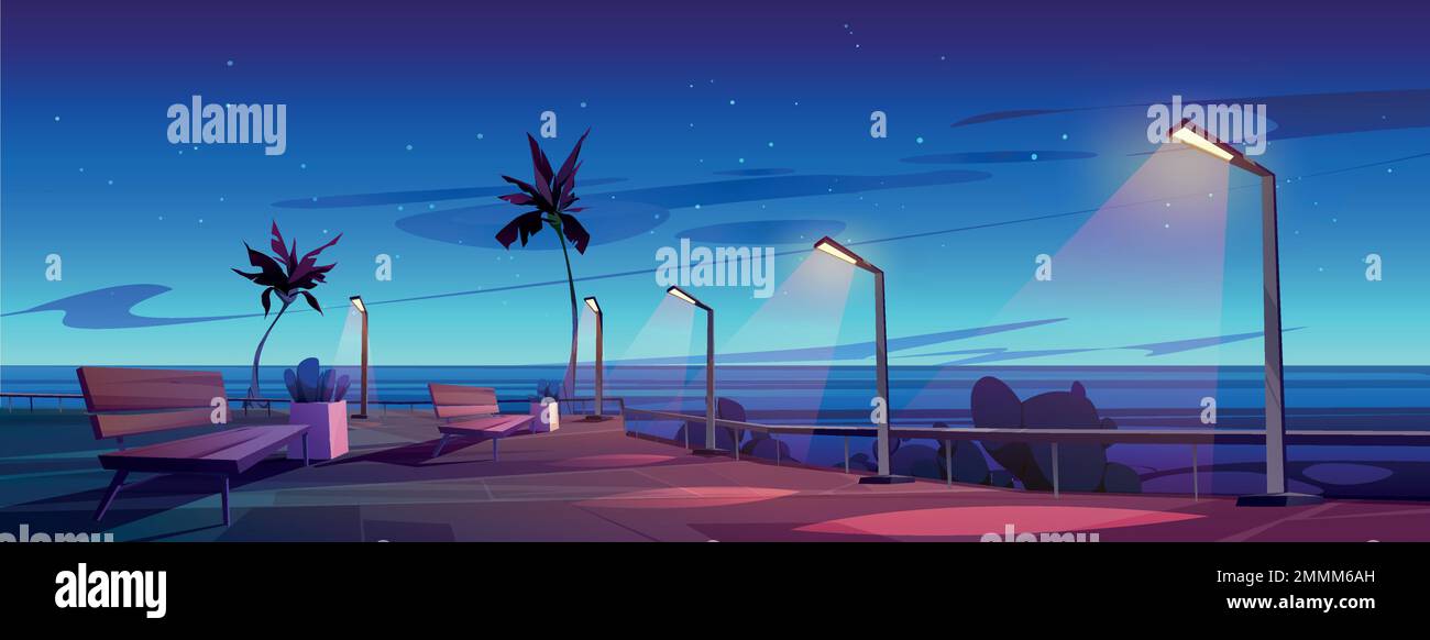 Nächtliche urbane Uferpromenade mit Straßenbeleuchtung. Cartoon-Vektordarstellung einer leeren Küstenpromenade mit Bänken, Palmen und vielen Sternen, die am dunklen Himmel leuchten. Hintergrunddesign für Spiele Stock Vektor