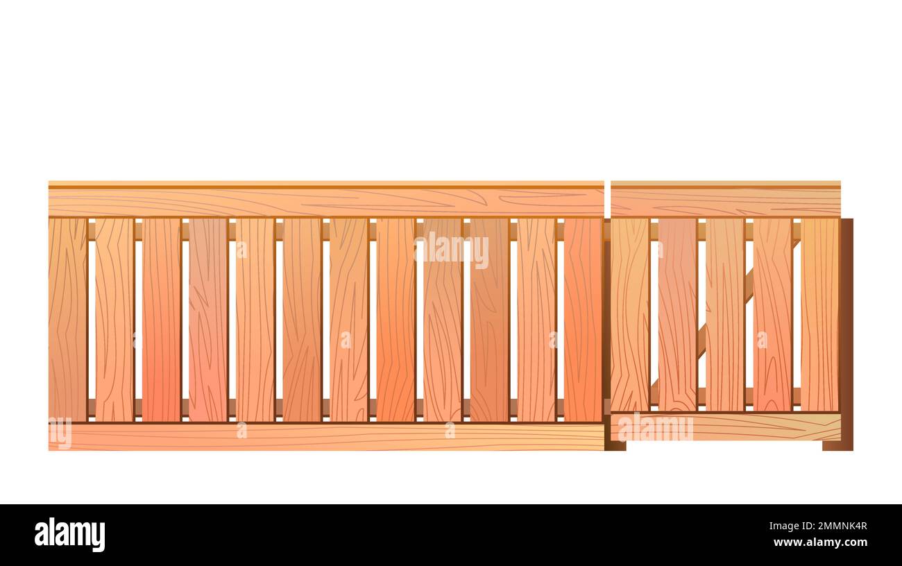 Neuer unlackierter Holzzaun aus Brettern und Pfostenzaun. Isoliert auf weißem Hintergrund Vektor. Stock Vektor