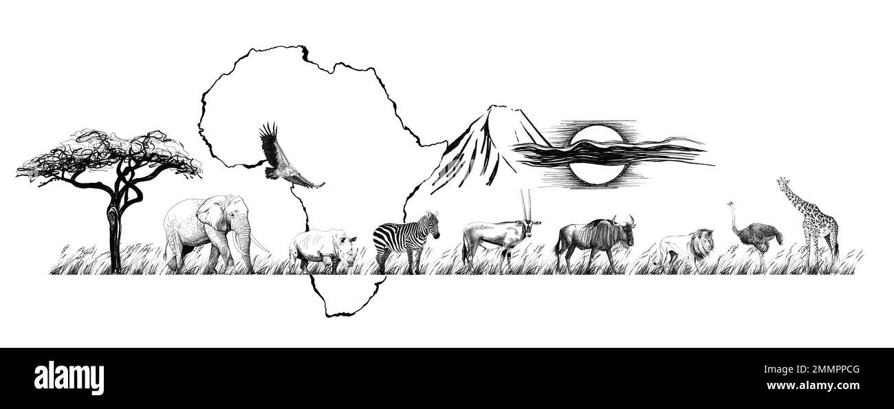 Afrikanische Landschaft mit Tier, Karte, Berg und Baum. Skizze der Savanne. Handgezeichnete Illustration Stockfoto