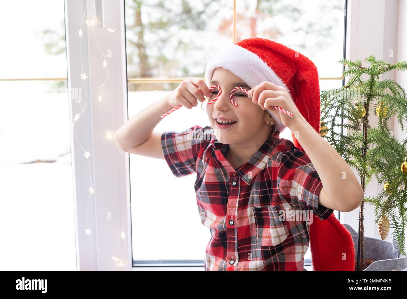 Ein Mädchen mit Weihnachtsmannmütze sitzt auf der Fensterbank eines Hauses in der Nähe des Weihnachtsbaums und hält sich Zuckerrohr an die Augen wie eine Brille. Das Kind hat Spaß und ma Stockfoto