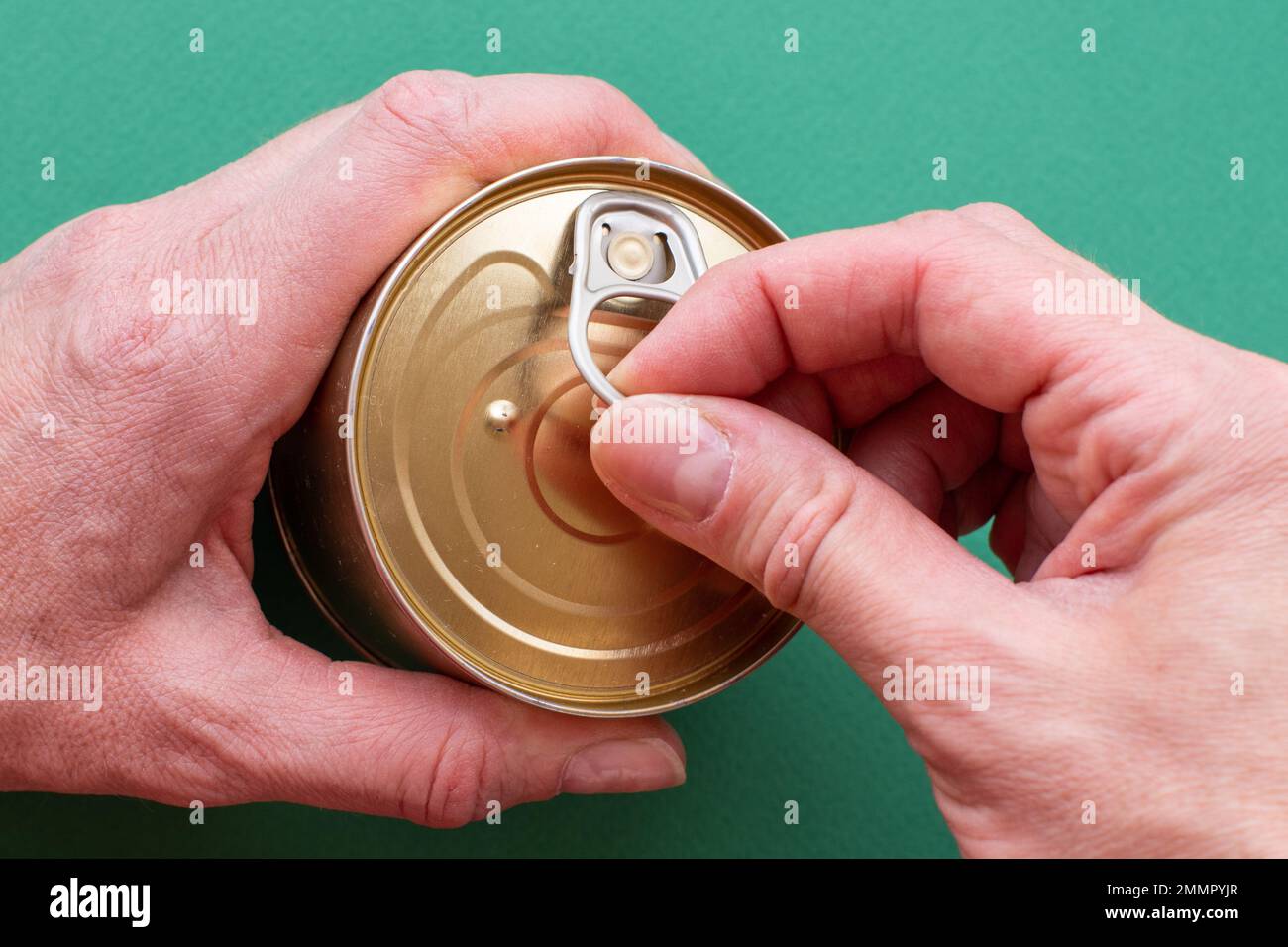 Die Hand eines Erwachsenen hält eine Dose Dosenfutter, die zweite Hand zieht den Schlüssel und öffnet die Dose. Draufsicht auf grünem Hintergrund mit Kopierbereich. Nahaufnahme Stockfoto