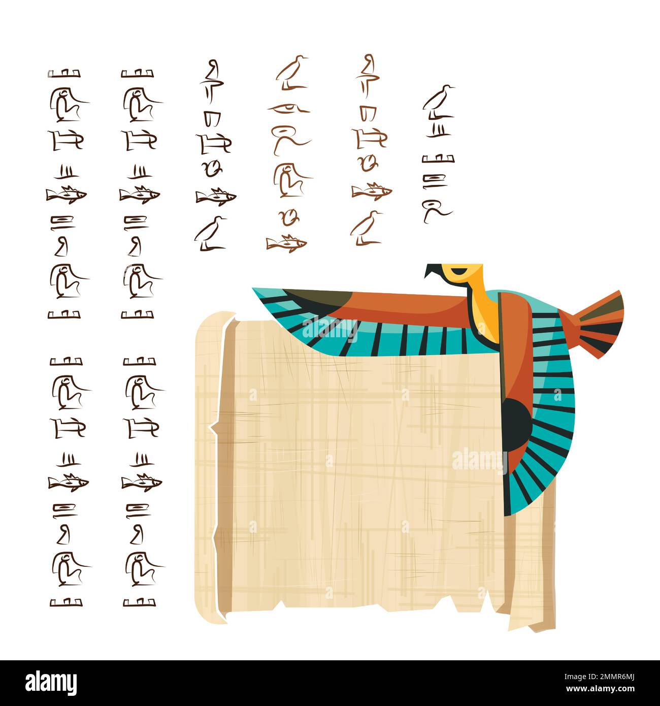 Alte ägyptische Papyrus-Schriftrolle mit fliegender Vogelfigur Cartoon-Vektordarstellung. Ägyptisches Kultursymbol, leeres, entfaltetes antikes Papier, fliegender Falke und Hieroglyphen, isoliert auf Weiß Stock Vektor