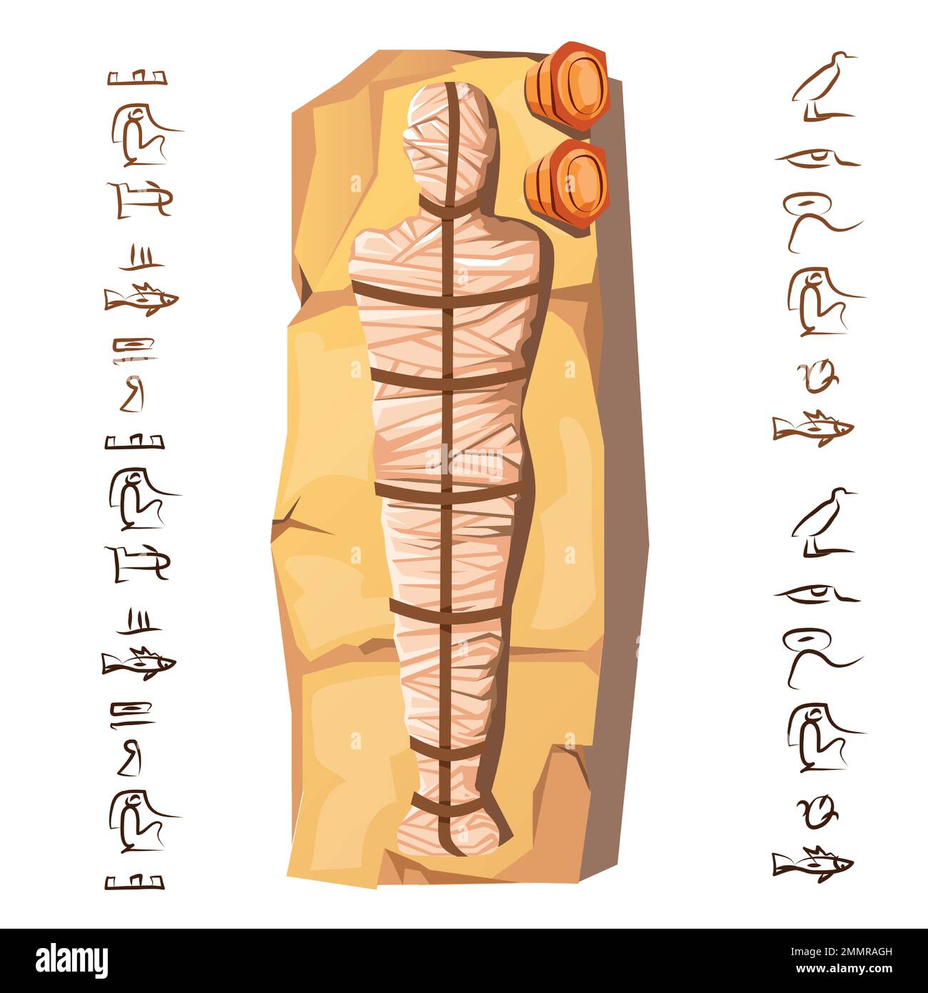 Mummy Creation Cartoon-Vektordarstellung. Mumifizierungsprozess, Einbalsamierung von Toten, menschliche Leiche ist mit Leinen umhüllt, liegt auf Stein, neben Hieroglyphen Kult von Toten aus dem alten Ägypten Stock Vektor