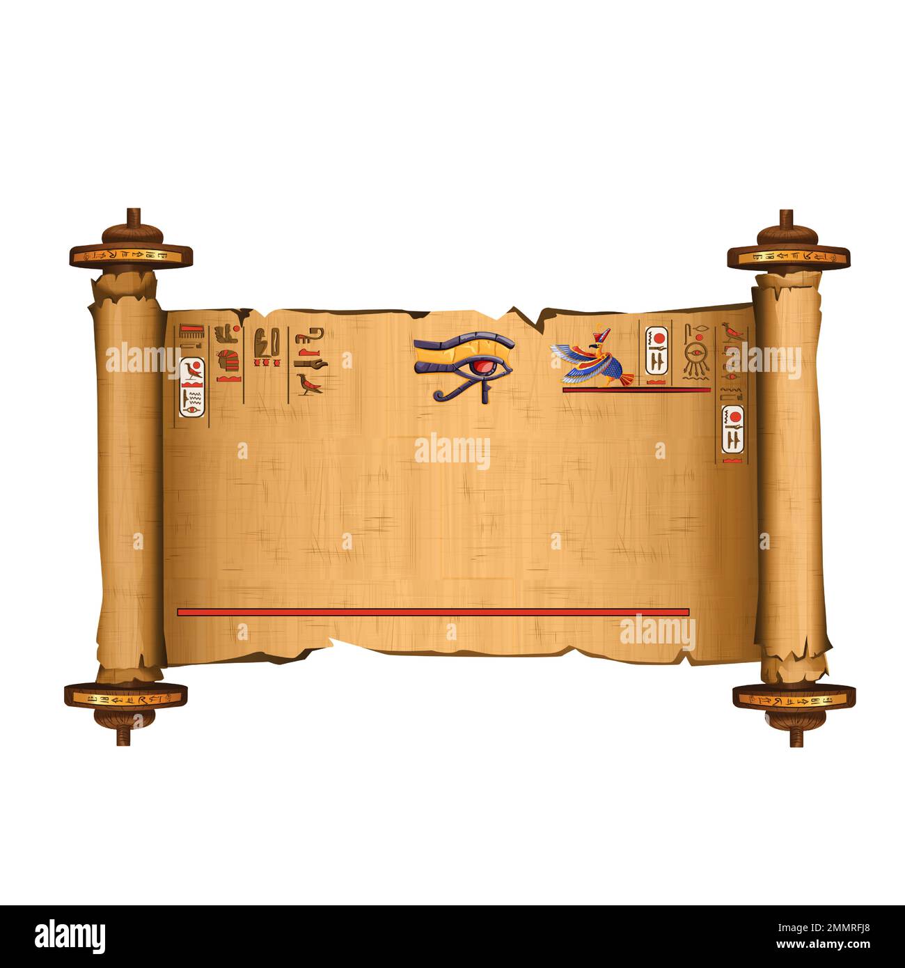 Alte ägyptische Papyrus-Schriftrolle mit Holzstäben und Hieroglyphen Cartoon-Vektordarstellung. Ägyptisches Kultursymbol, entfaltetes antikes Papier mit Holzstäbchen, isoliert auf weißem Hintergrund Stock Vektor