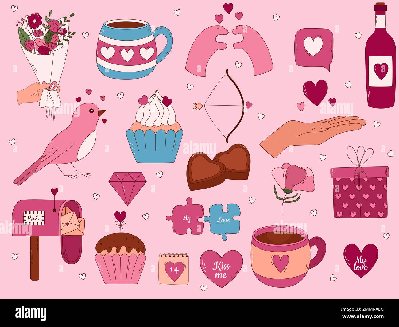 Handgezeichnete Elemente zum Valentinstag für Poster, Grußkarten, Banner und Einladungen. Großes Herz, Süßigkeiten, Kaffee, Cupcake, Schlüssel, Süßigkeiten, lette Stock Vektor