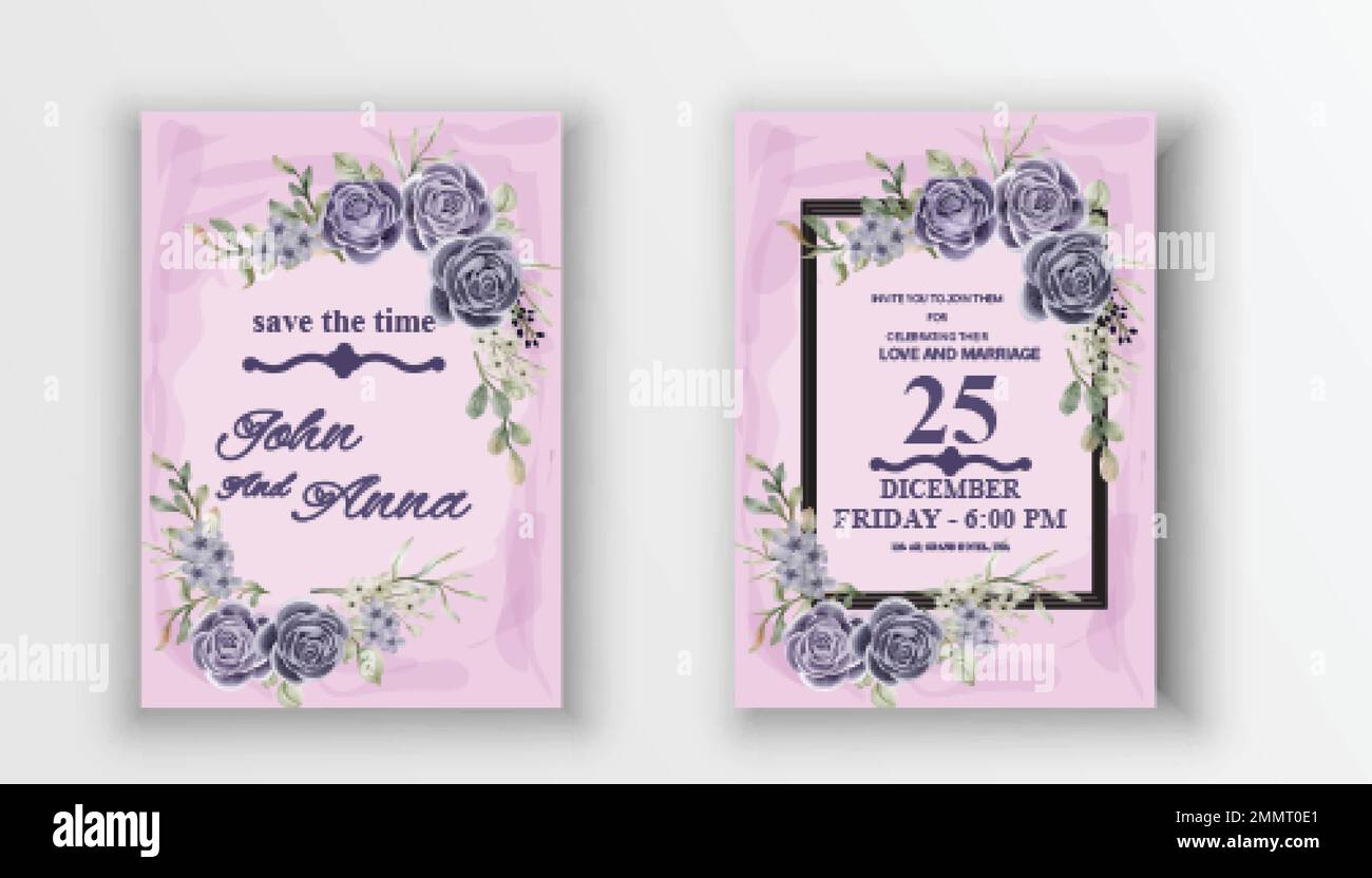Kartenset mit Blumen und Blättern für die Hochzeitseinladung. Schriftzeichen . Blumenposter, einladen. Dekorative Vektor-Grußkarte oder Einladungsdesign. Stock Vektor