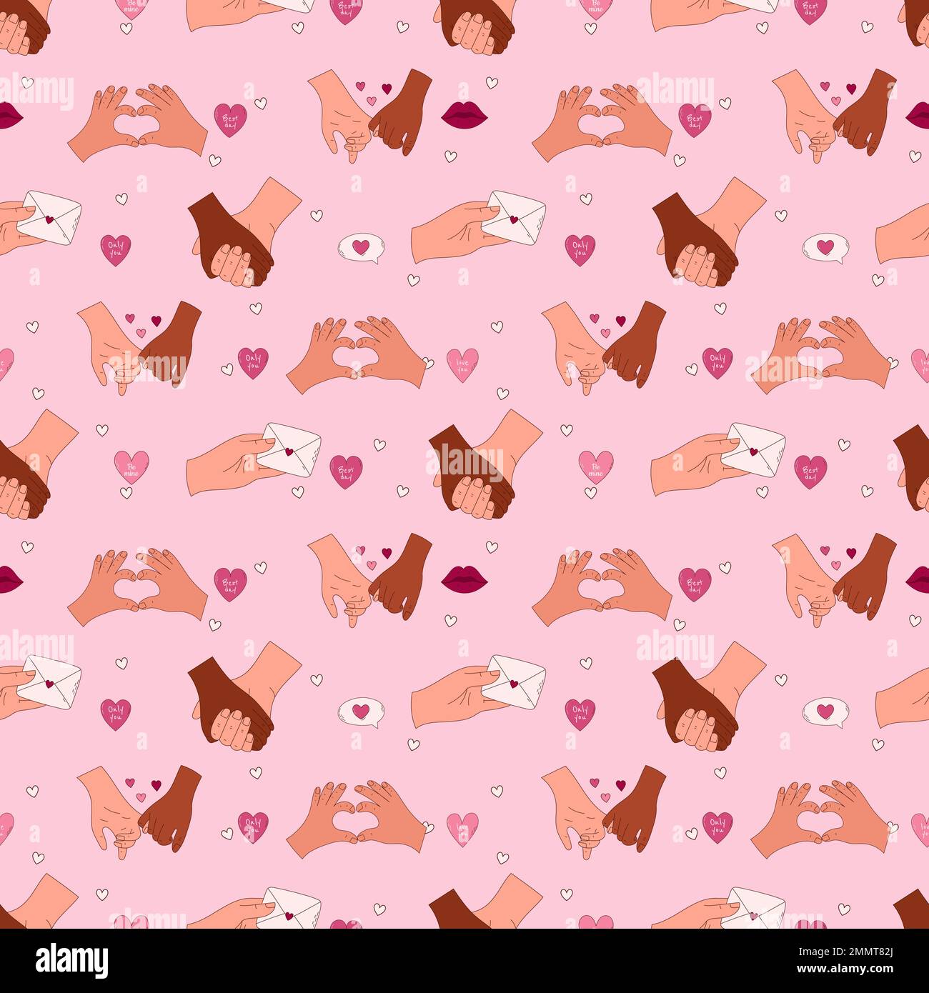 Handgezeichnetes nahtloses Muster zum Valentinstag. Hände von Liebenden. Stock Vektor