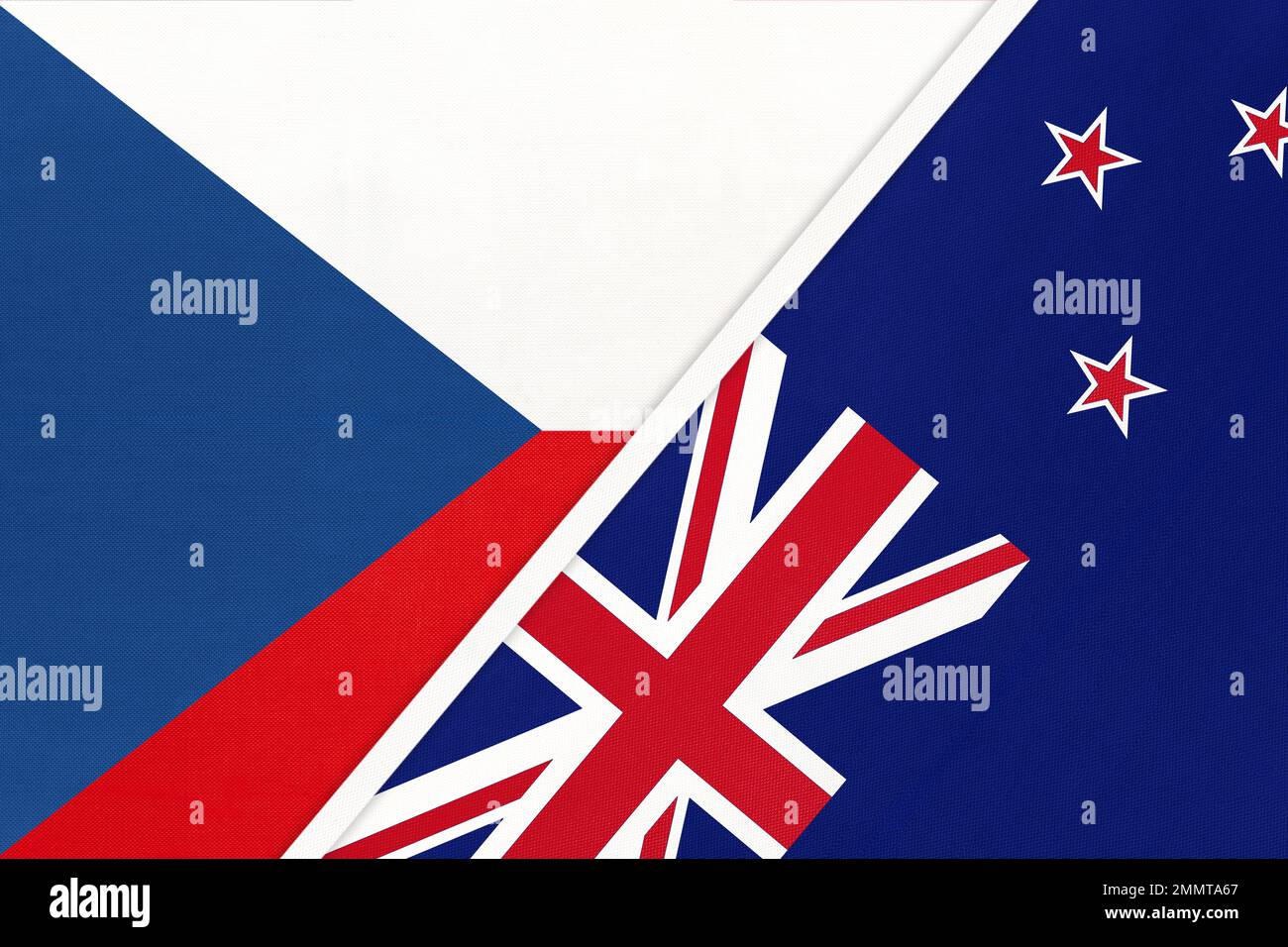 Tschechische Republik und Neuseeland Symbol des Landes. Tschechien gegen Neuseeländer Nationalflaggen. Beziehungen und Partnerschaft zwischen zwei Ländern. Stockfoto