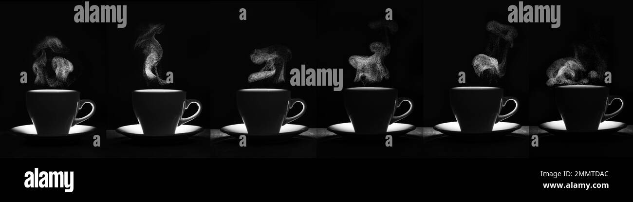 Ein Set weißer Tassen mit einem warmen Getränk und einem lockigen Dampf auf schwarzem Hintergrund, kreativ, Layout, Silhouette. Eine dampfende Kaffeetasse A. Stockfoto