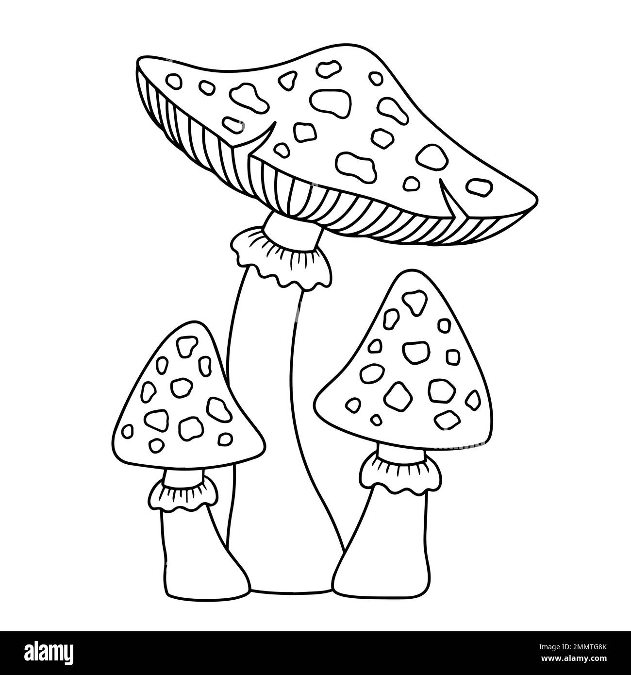 Vektorfarbbuch-Seite. Schwarz-Weiß-Illustration einer Gruppe von Amanita-Pilzen Stock Vektor