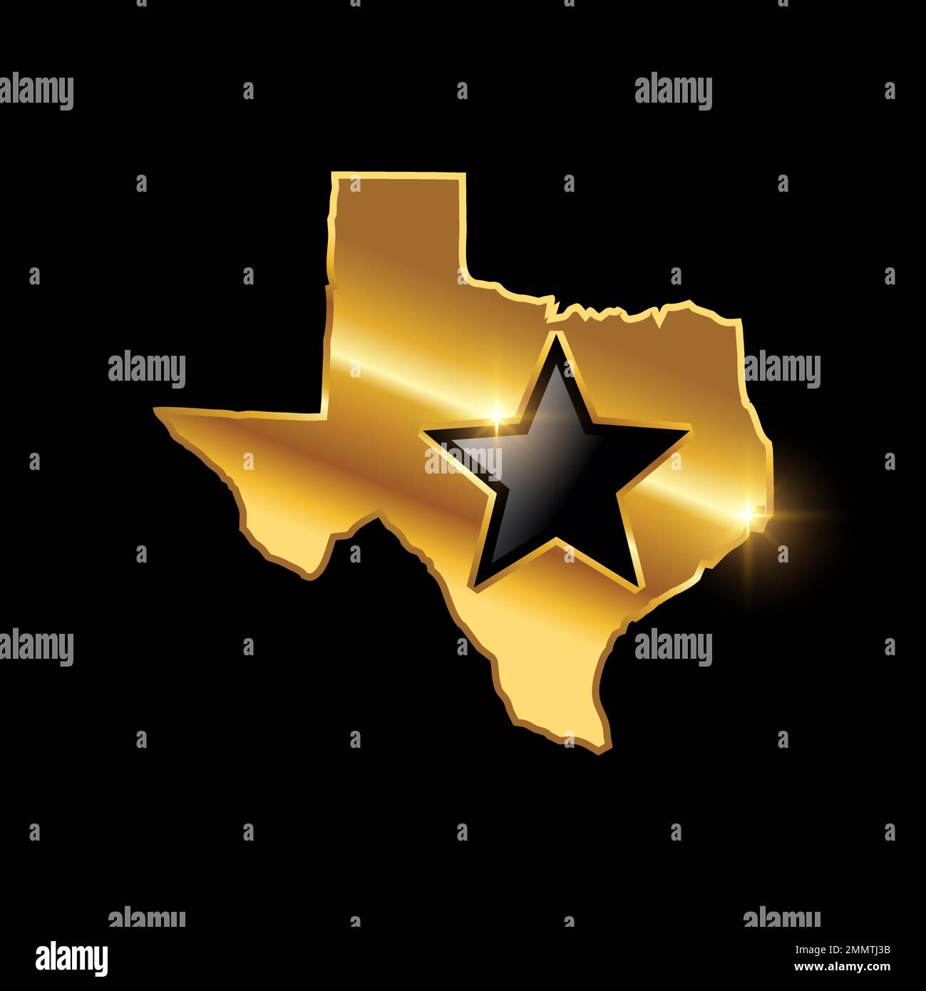Eine Vektordarstellung des Golden Texas Map Vector Sign auf schwarzem Hintergrund mit goldenem Glanzeffekt Stock Vektor