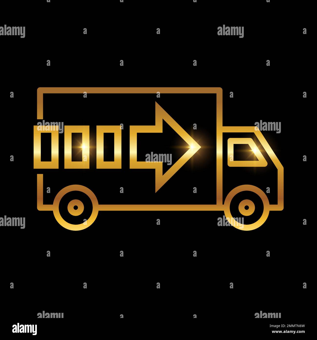 Vektordarstellung des Symbols „Golden Food Truck Delivery Service“ auf schwarzem Hintergrund mit goldenem Glanzeffekt Stock Vektor