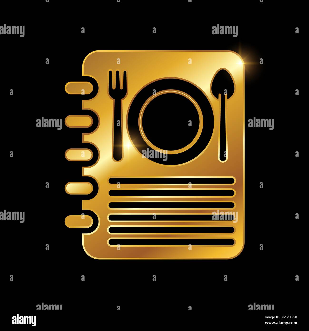Eine Vektordarstellung des Golden Luxury Menu Book Vector-Symbols auf schwarzem Hintergrund mit goldenem Glanzeffekt Stock Vektor