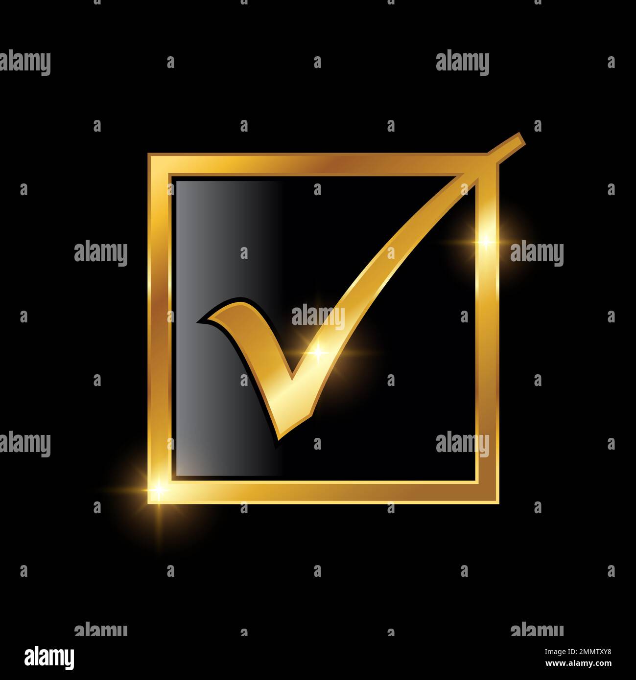 Vektorzeichen mit goldenem Häkchen auf schwarzem Hintergrund und goldenem Glanzeffekt Stock Vektor