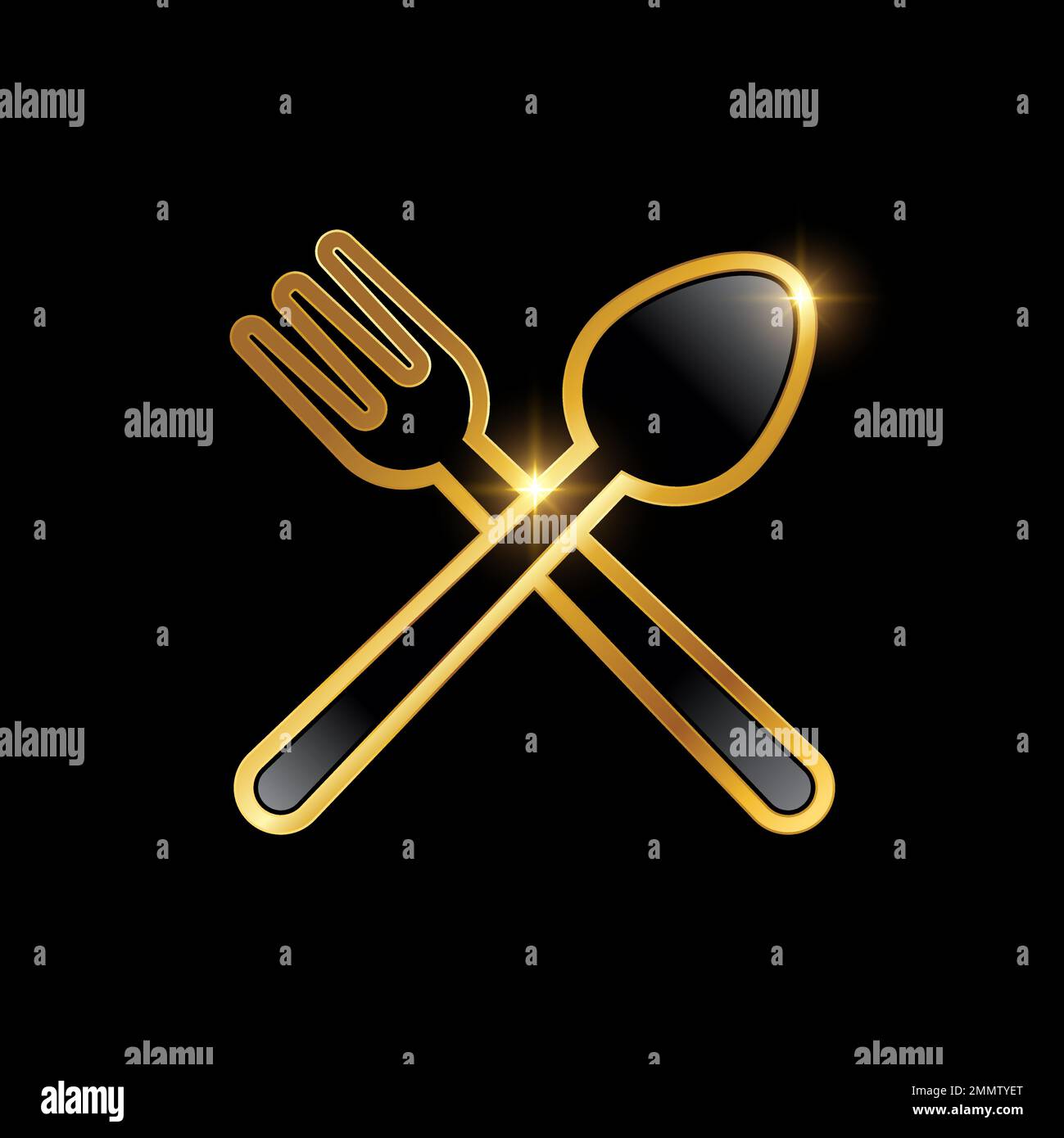 Goldener Luxus-Löffel und Gabel-Kreuz-Symbol auf schwarzem Hintergrund mit goldenem Glanzeffekt Stock Vektor