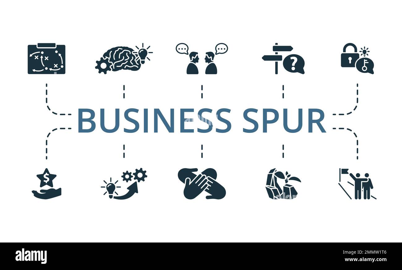 Business Spur Symbolsatz. Einfarbige Simple Business Spur Icon-Kollektion. Taktik, Brain Storm, Kommunikation, Lösung, Problemlösung, Gelegenheit Stock Vektor