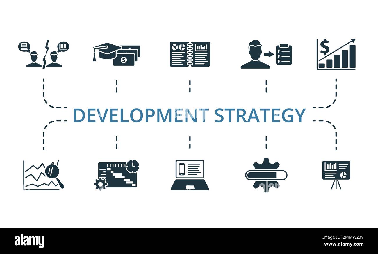 Symbolsatz für Entwicklungsstrategie. Einfarbige Simple Development Strategy Icon-Kollektion. Interessenkonflikt, Zuschüsse, Zusammenfassung, Mission Stock Vektor