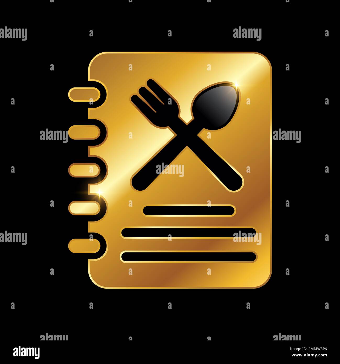 Eine Vektordarstellung des Golden Luxury Menu Book Vector-Symbols auf schwarzem Hintergrund mit goldenem Glanzeffekt Stock Vektor