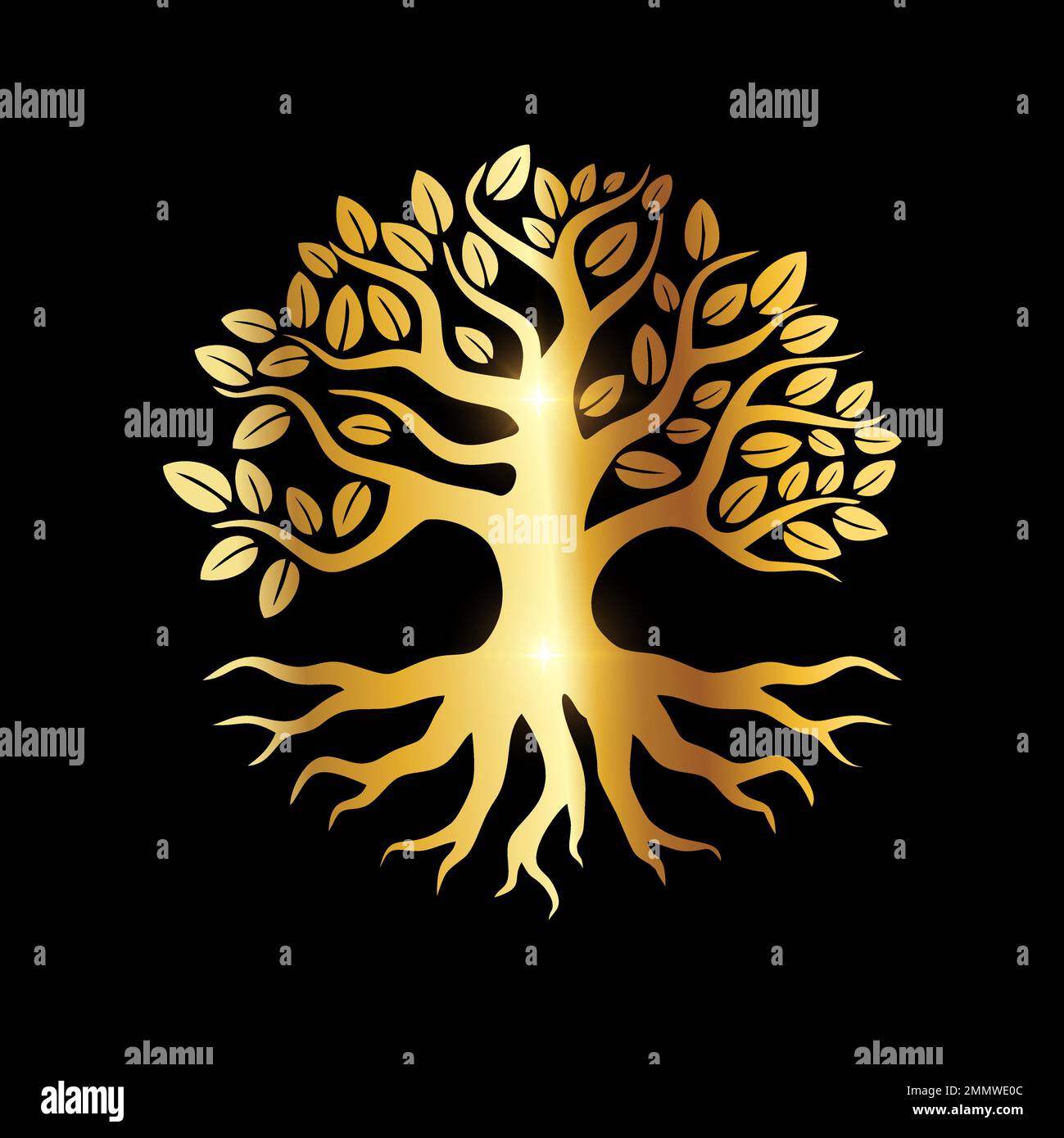 Eine Vektordarstellung des goldenen luxuriösen Baumvektorsymbols auf schwarzem Hintergrund mit goldenem Glanzeffekt Stock Vektor