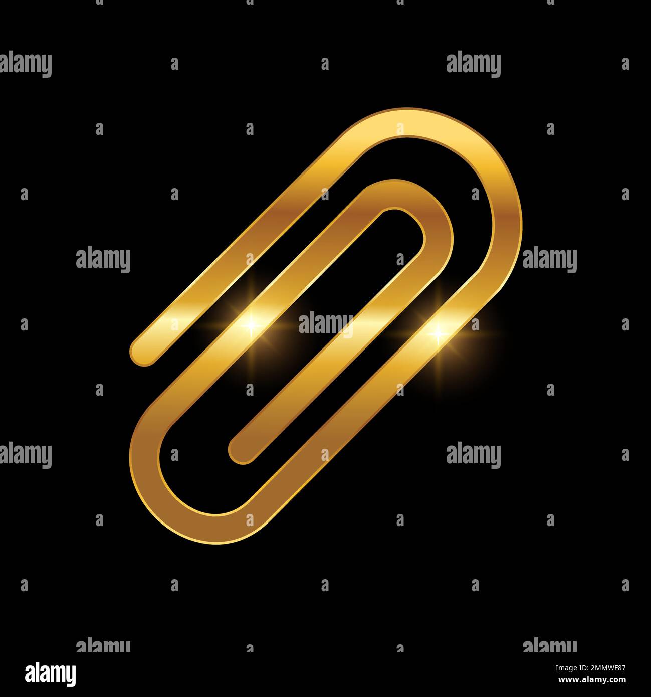 Eine Vektordarstellung des Golden Paper Clip Vector-Symbols auf schwarzem Hintergrund mit goldenem Glanzeffekt Stock Vektor