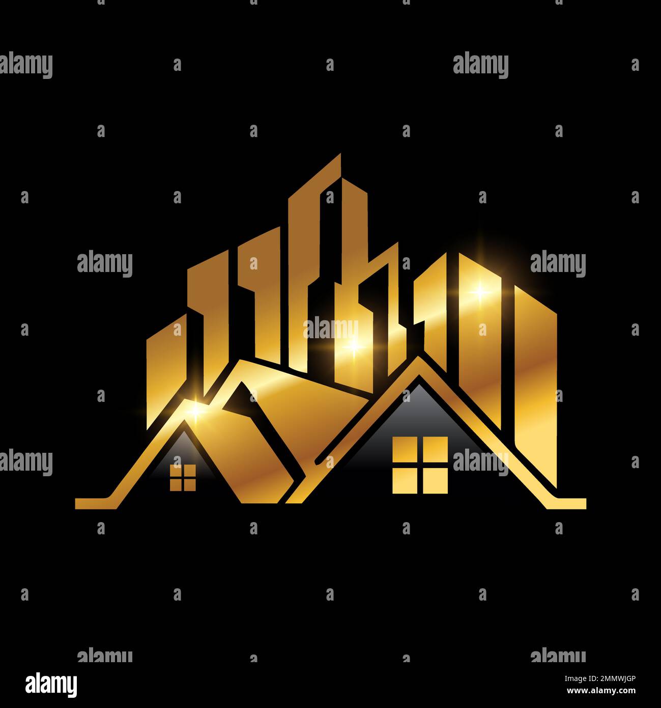 Eine Vektordarstellung des Golden Luxury Real Estate Vektorsymbols auf schwarzem Hintergrund mit goldenem Glanzeffekt Stock Vektor