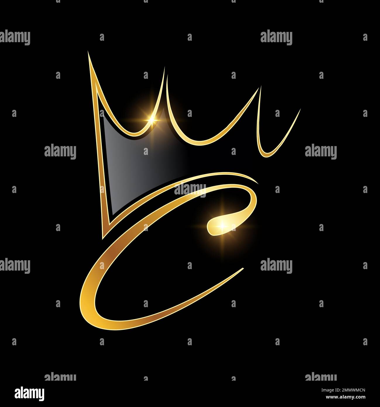 Eine Vektordarstellung auf schwarzem Hintergrund mit goldenem Glanzeffekt des Anfangsbuchstabens C des Kronenlogos mit goldenem Monogramm Stock Vektor