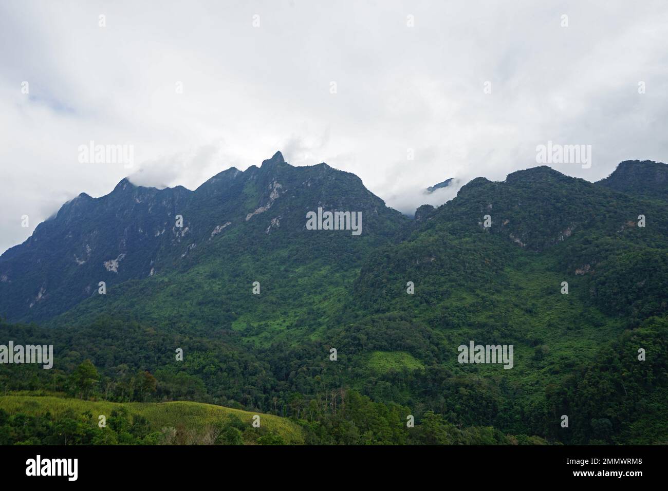 Natürliche Landschaft der grünen Bergkette mit wolkenblauem Himmel Stockfoto