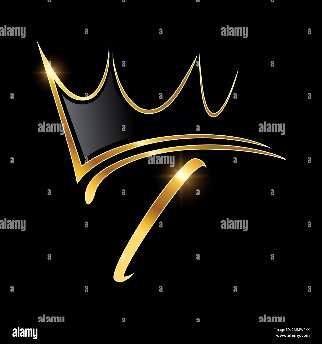 Eine Vektordarstellung auf schwarzem Hintergrund mit goldenem Glanzeffekt des Anfangsbuchstabens T für das Kronenlogo mit goldenem Monogramm Stock Vektor