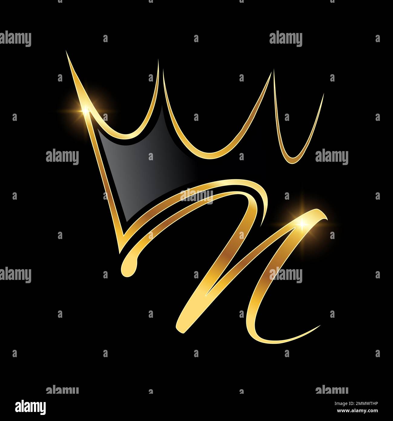 Eine Vektordarstellung auf schwarzem Hintergrund mit goldenem Glanzeffekt des Anfangsbuchstabens N des Kronenlogos in Gold Stock Vektor