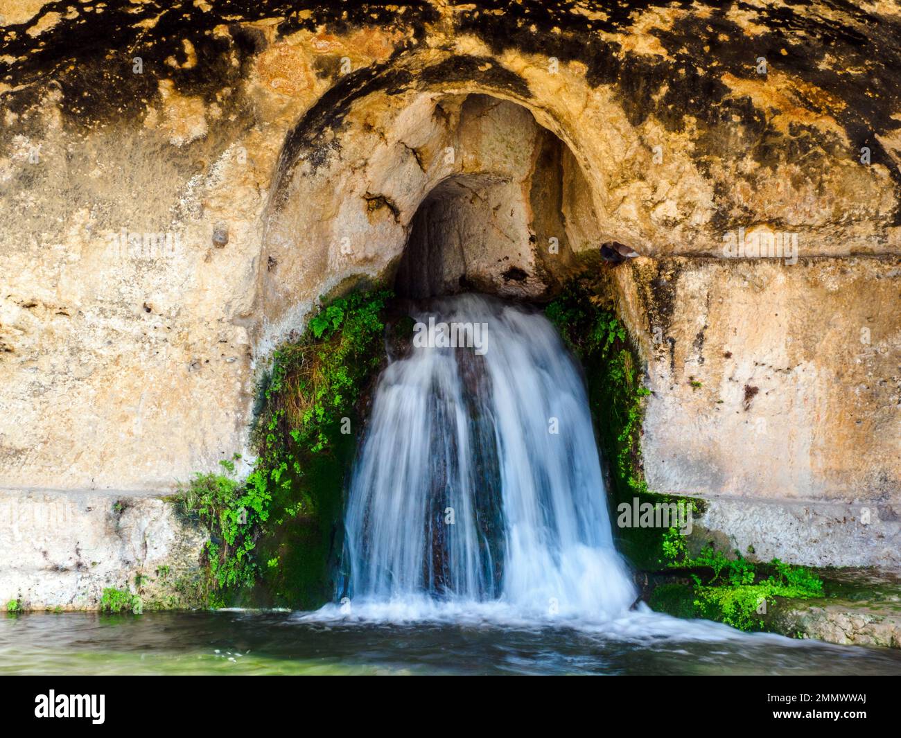 Die Grotta del Ninfeo ist eine künstliche Höhle im Felsen des Temenitenhügels (benannt nach den griechischen Temenos, „bewachsenes Viertel“) - Neapolis Archäologischer Park - Syrakus, Sizilien, Italien Stockfoto