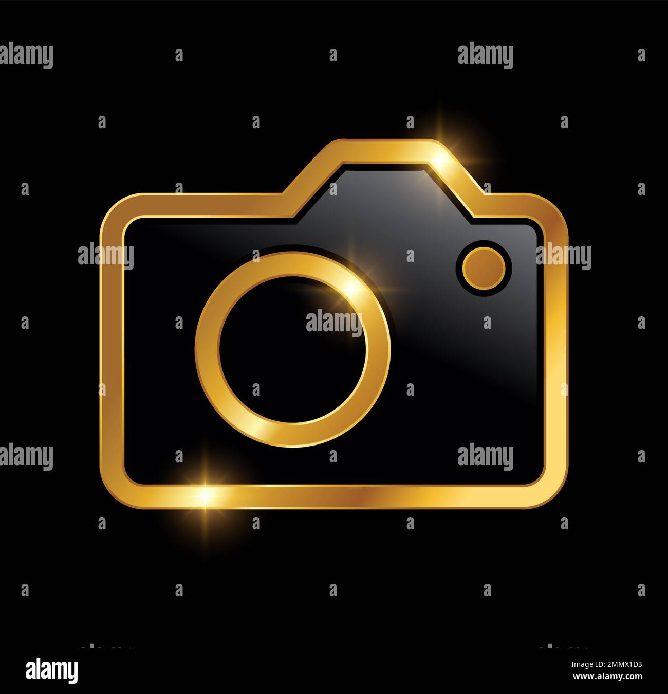 Eine Vektordarstellung auf schwarzem Hintergrund mit goldenem Glanzeffekt des goldenen Vektorsymbols für die Kamera Stock Vektor