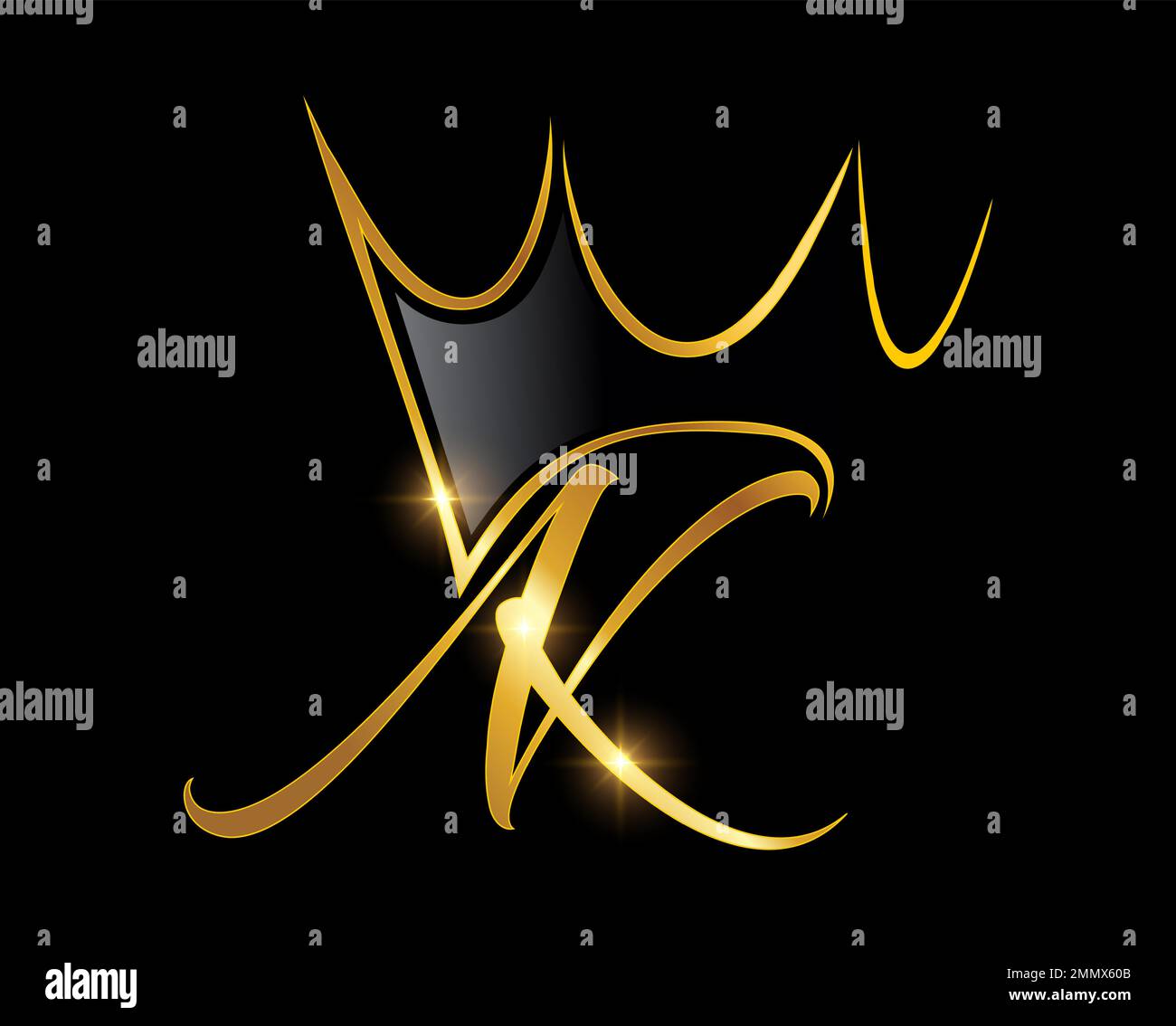 Eine Vektordarstellung auf schwarzem Hintergrund mit dem Anfang des AK-Logos des Golden Crown Monogram Stock Vektor