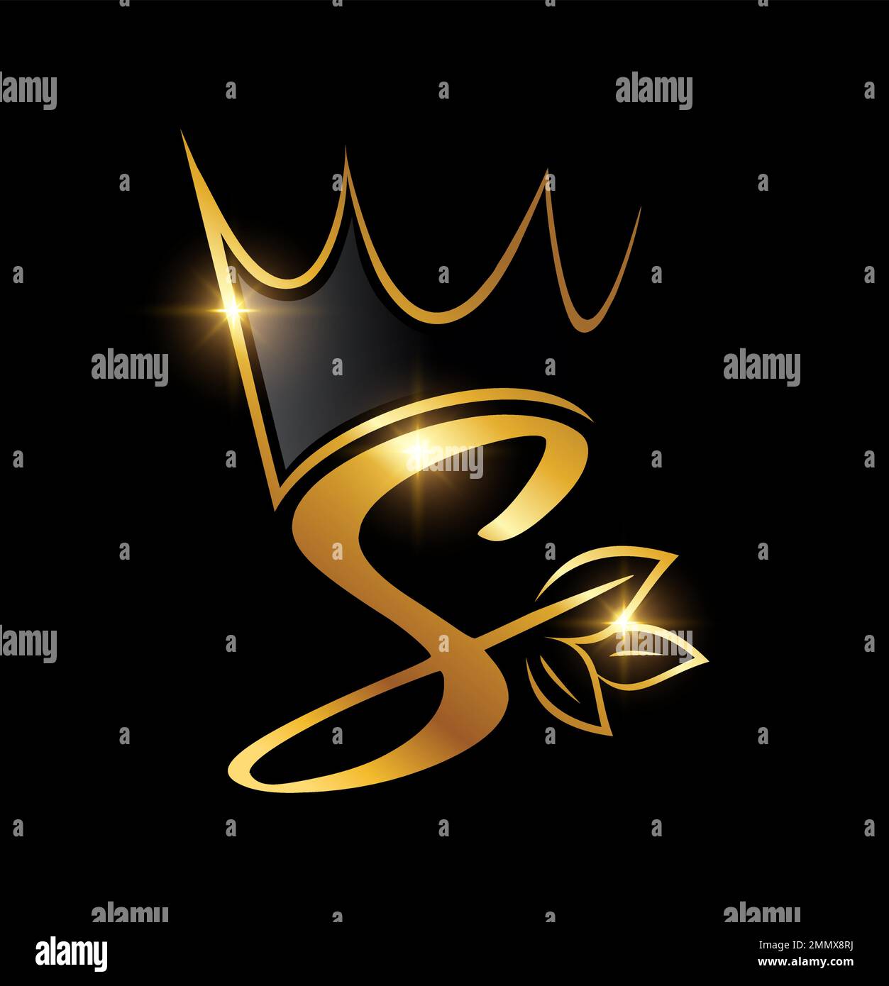 Vektordarstellung des Anfangsbuchstabens S im Gold Crown- und Leaf-Monogramm auf schwarzem Hintergrund mit goldenem Glanzeffekt Stock Vektor