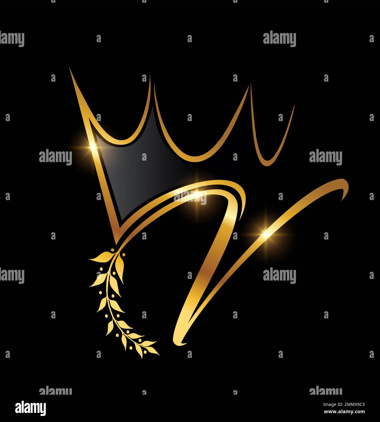Vektordarstellung des Anfangsbuchstabens V des Gold Crown and Leaf Monogramms auf schwarzem Hintergrund mit goldenem Glanzeffekt Stock Vektor