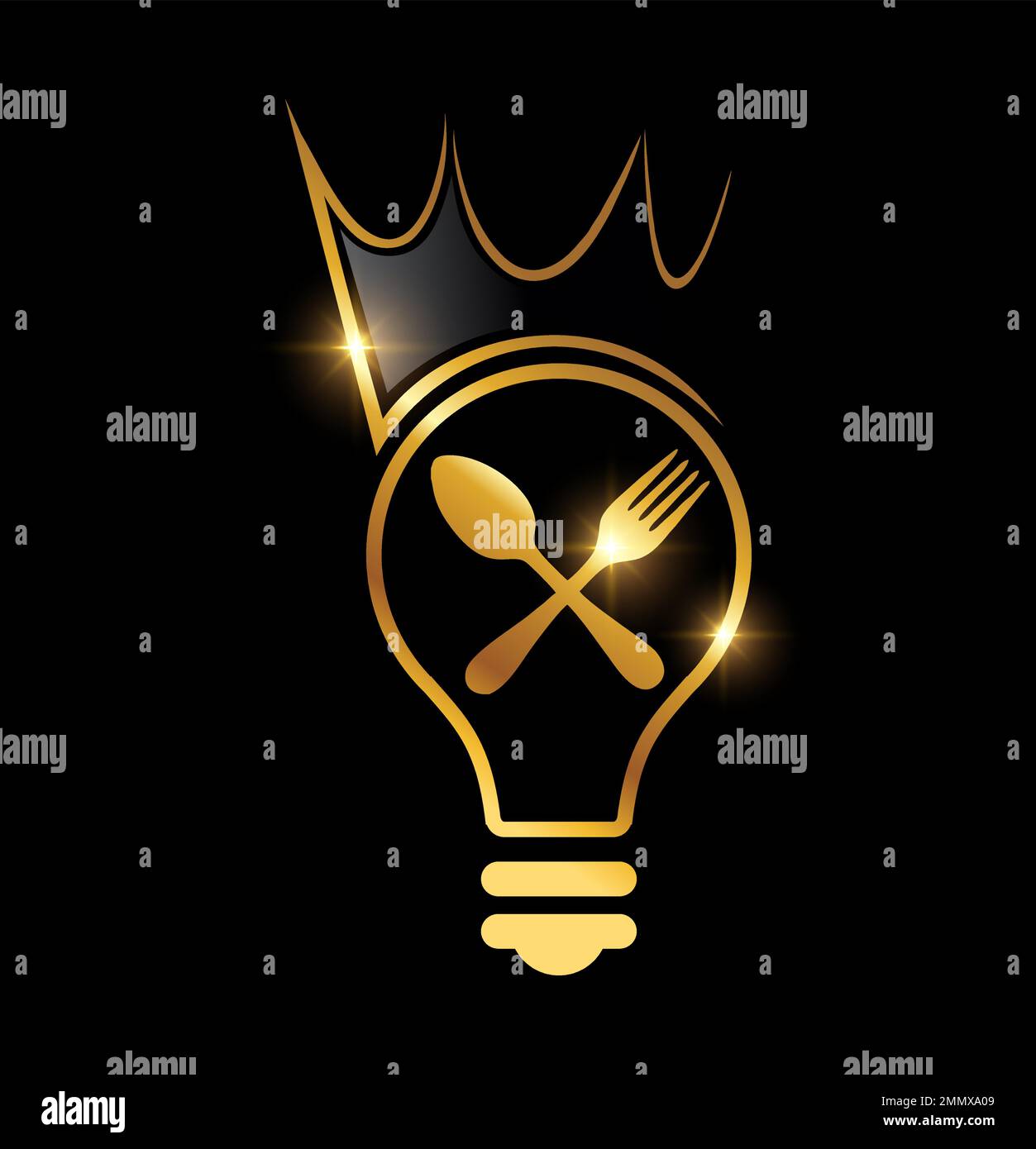 Eine Vektordarstellung der goldenen Glühbirne mit Krone, Löffel und Gabelvektor-Symbol auf schwarzem Hintergrund mit goldenem Glanzeffekt Stock Vektor