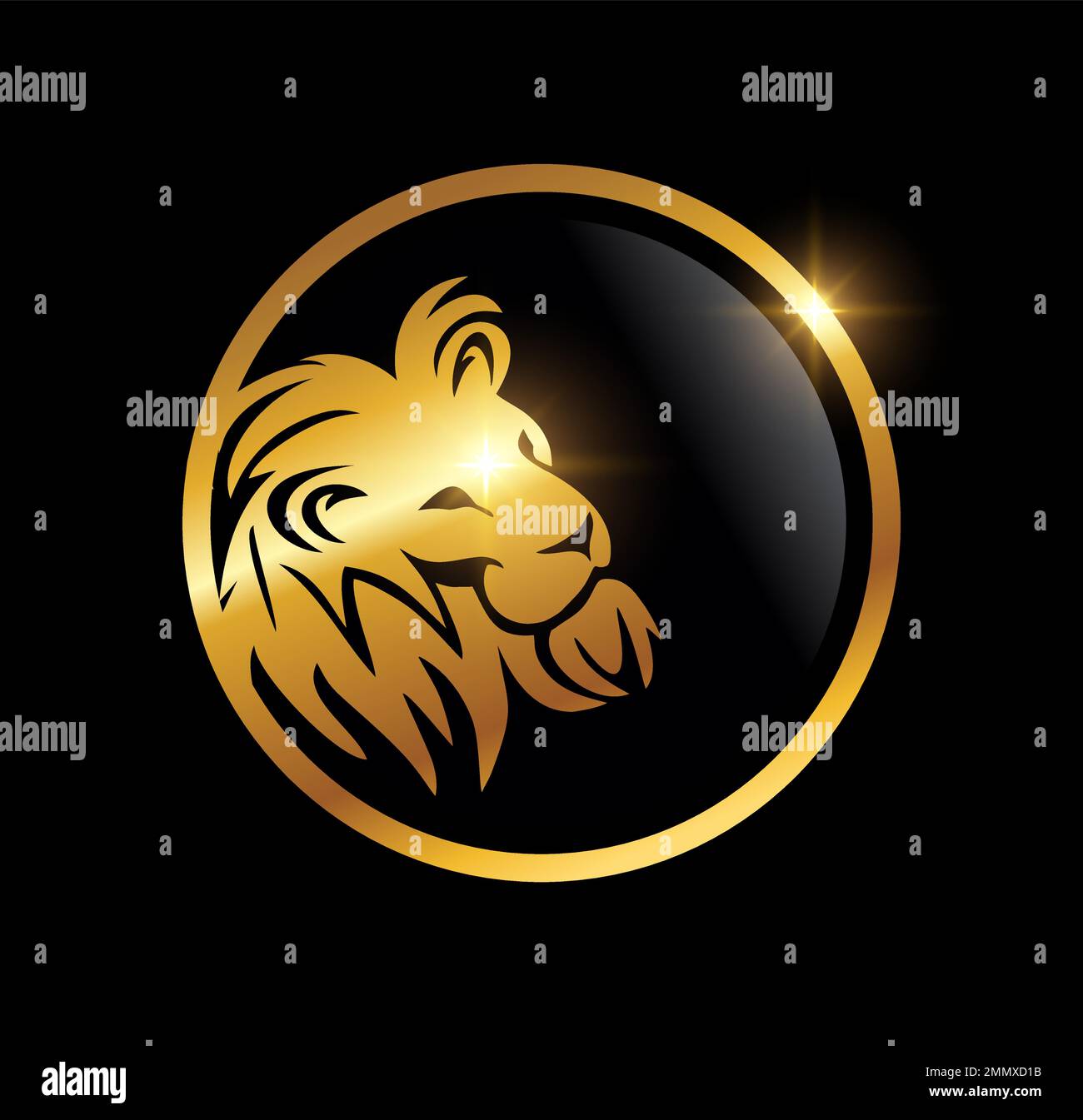 Goldener Löwenkopf im kreisförmigen Logo-Vektor auf schwarzem Hintergrund mit goldenem Glanzeffekt Stock Vektor