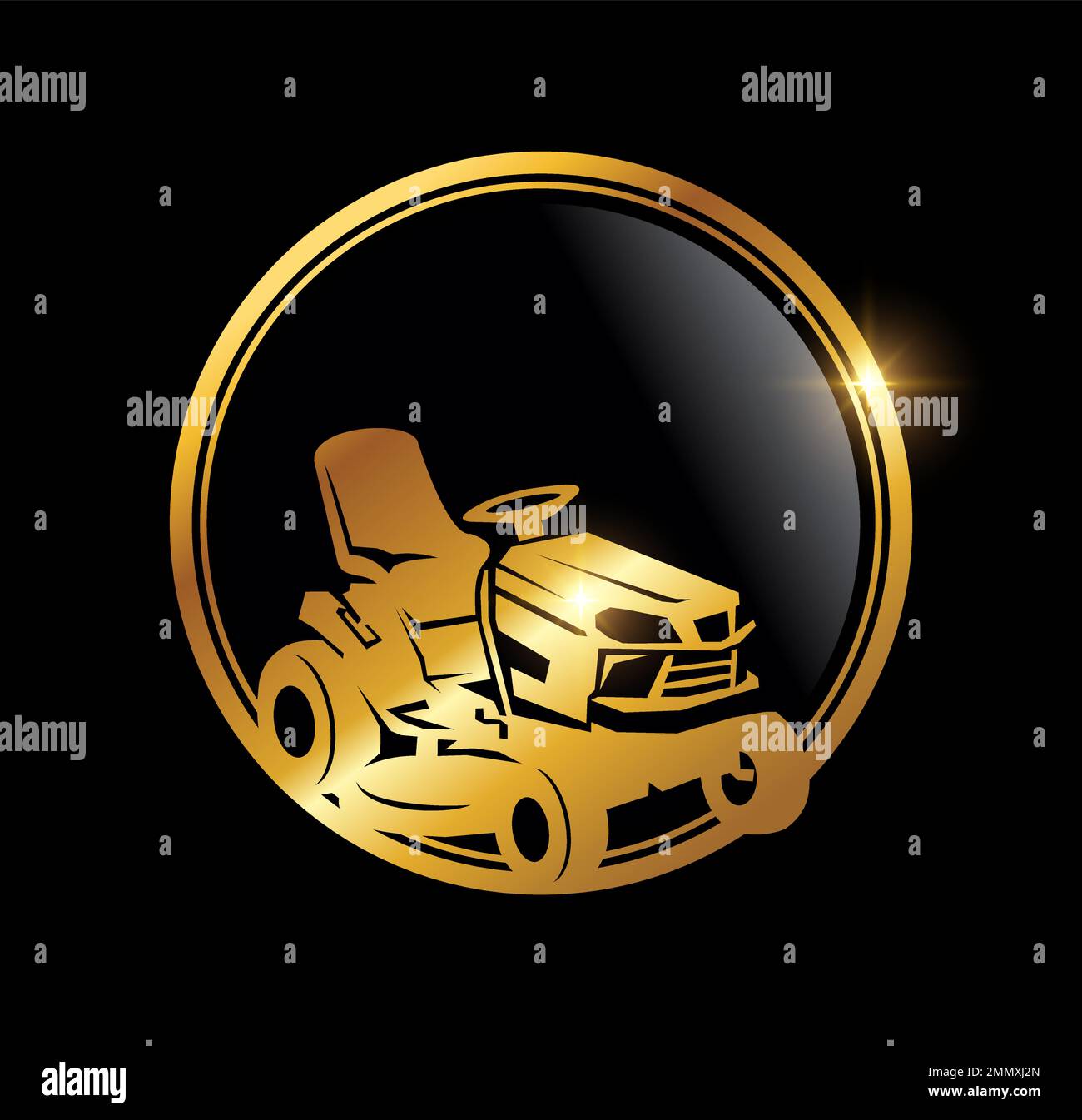 Eine Vektordarstellung des goldenen Luxus-Rasenmäher-Logo-Symbols auf schwarzem Hintergrund mit goldenem Glanzeffekt Stock Vektor