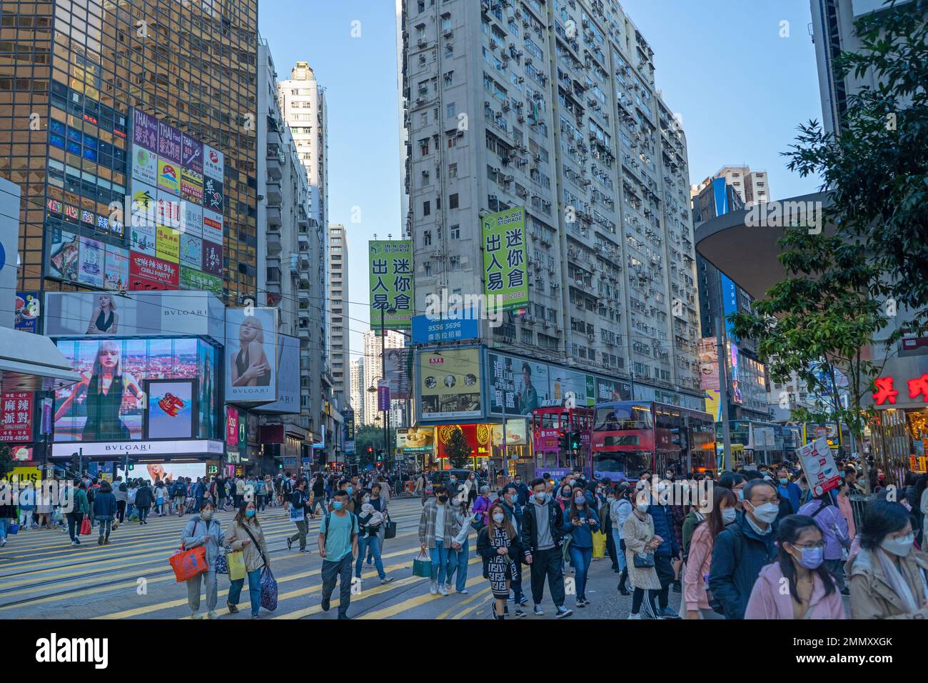 Hong Kong Dezember 2022 - geschäftige Straßenkreuzung und Zebrakreuzung in Causeway Bay Stockfoto