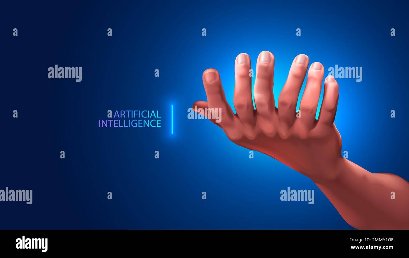 KI erzeugt mit vielen Fingern ein Bild der menschlichen Hand. Künstliche Intelligenz-Bildhandfläche mit 7 Fingern. Störung des neuronalen Netzwerks. Fehler AI pai Stock Vektor