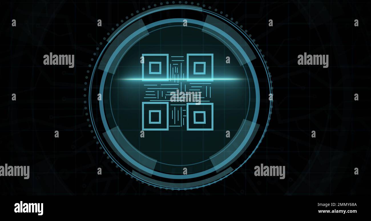 Zusammensetzung des qr-Code-Symbols für Online-Sicherheit auf schwarzem Hintergrund Stockfoto