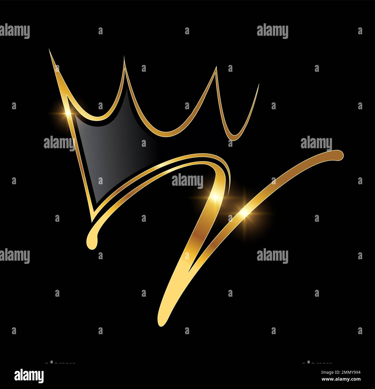 Eine Vektordarstellung auf schwarzem Hintergrund mit goldenem Glanzeffekt des Anfangsbuchstabens V des Kronenlogos mit goldenem Monogramm Stock Vektor