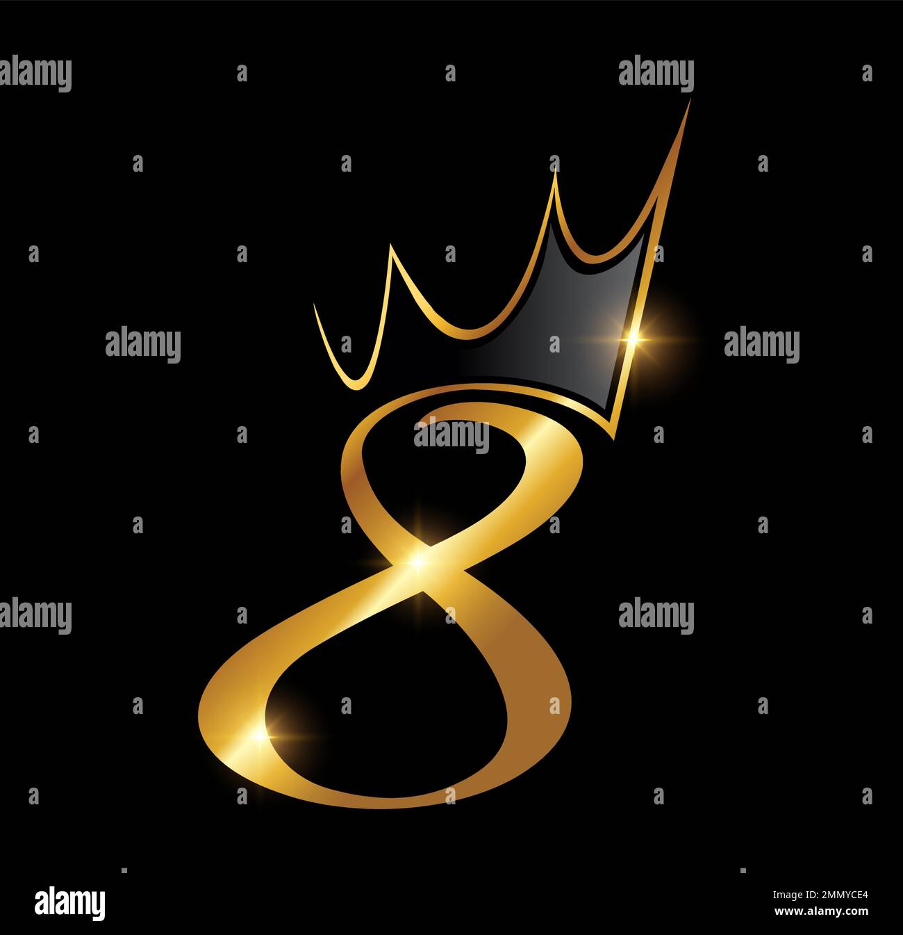 Eine Vektordarstellung auf schwarzem Hintergrund mit goldenem Glanzeffekt für das Golden Luxury Crown Monogramm Nr. 8 Stock Vektor