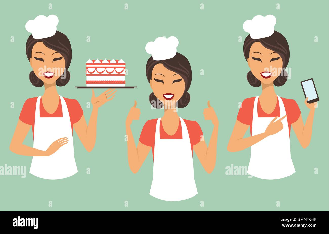 Cartoon-Mädchen-Konditorei mit Smartphone und Tablett mit Kuchen Stock Vektor