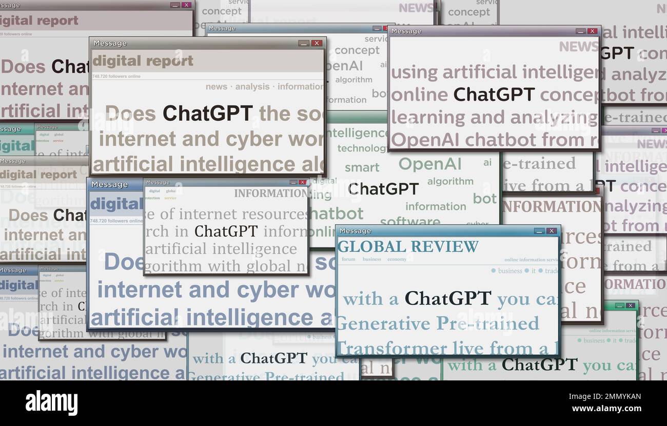 Posen, Polen, 25. Januar 2023: ChatGPT-Schlagzeilen in internationalen Medien mit OpenAI, Chat gpt ai bot. Abstraktes Konzept von Nachrichtentiteln auf Nein Stockfoto